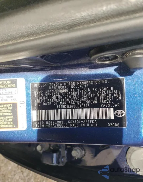 2013 Toyota Avalon Base z USA, uszkodzony, nr VIN 4T1BK1EB8DU040727